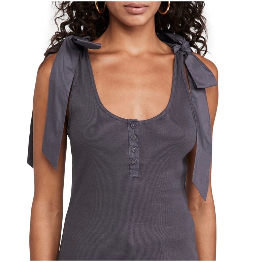 Ulla Johnson Tank Top Women P Grey Ribbed Cotton Tie Shoulder Henley Scoop Neck‎